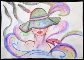 Kun Beáta (1991-): Nő kalapban. Akvarell, papír, jelzett, 30x42 cm