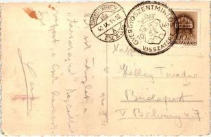 Gyergyószentmiklós, Gheorgheni; Fő tér, üzletek, automobil, irredenta díszkapu nemzetszocialista zás...