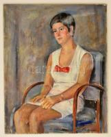Pór jelzéssel: Ülő lány. Tempera, vászon-karton, sérült, 50×40 cm