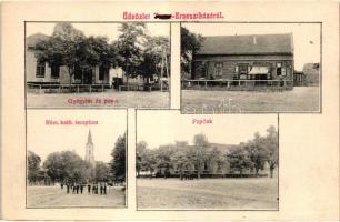 Ernőháza, Ernesztháza, Banatski Despotovac; Gyógyszertár, posta, templom, paplak, Johann Schag üzlete / pharmacy, post office, church, shop