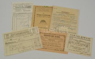 cca 1900-1947 Régi nyomtatványok, számlák, rádió vevő engedély, összesen 7 db. benne hadsegélyről szóló tájékoztató füzet