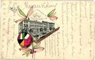 Egyedi, kézzel készített képeslap, a Központi Hatalmak zászlóival és a budapesti Pannonia szálloda kivágott képével / Pannonia hotel. Custom, hand-made postcard with the flags of the Central Powers and the hotels cropped picture (fa)