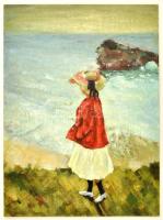 Jelzés nélkül: Lány piros kabátban, olaj, farost, 40×30 cm