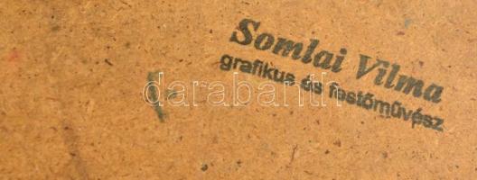 Somlai Vilma (1938-2007): Zöld kertajtó I., olaj, farost, hátulján pecséttel jelzett, 33×36 cm