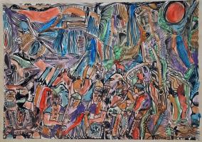 Cs. Németh Miklós (1934-2012): Ősmagyarok esküje a Holdvilágárokban, akvarell, papír, jelzett, paszpartuban, 42×59 cm