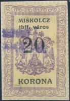 1921 Miskolc városi okmánybélyeg világossárga 20K (4.000)