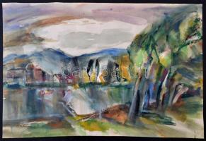 Iglay József (1905-1980): Vízpart, akvarell, papír, jelzés nélkül, kétoldalas, 36×53 cm