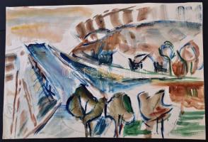 Iglay József (1905-1980): Vízpart, akvarell, papír, jelzés nélkül, kétoldalas, 36×53 cm