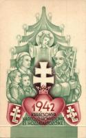 1942 Karácsonya Harcoló honvédeinké és hozzátartozóiké; levente szimbólumokkal, hajtható lap / WWII Hungarian military Christmas greeting with youth paramilitaric organizations symbols (non PC) (kis szakadás / small tear)