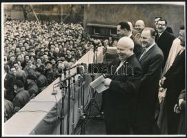 1963 Kádár János és Hruscsov Budapesten és Kazincbarcikán, 3 db vintage fotó, 18x24 cm