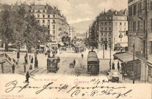 Geneva, Geneve; Rue du Mont Blanc / street view with trams, Schweizerhofs Hotel Suisse, Café Brasserie, pharmacy, man with ladder (EK)