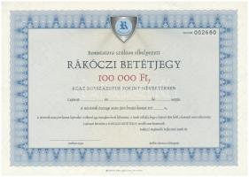 Miskolc ~2000. "Rákóczi Regionális Fejlesztési Bank Rt." "Rákóczi" betétjegye  100.000Ft értékben, kitöltetlen, hátoldalán az "Általános szerződési feltételek", vízjeles papíron T:I-