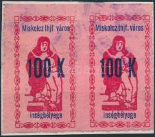1922 Miskolc Ínség bélyeg 100K párban, a bal oldali bélyegen a thjf után hiányzik a pont tévnyomat (12.000)