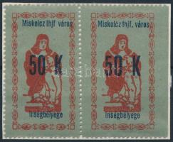 1922 Miskolc Ínség bélyeg 50K pár, a bal oldali bélyegen a thjf után a pont hiányzik (14.000)