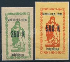 1923 Miskolc városi Ínség bélyeg 250K + 500K 6 mm-es számmal, két oldalon fogazatlan (6.250)