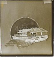 cca 1925 Dunára telepített hajómalom, vintage üveglemez negatív Kerny István (1879-1963) hagyatékából, 8,5x8,5 cm