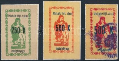 1923 Miskolc városi Ínség bélyeg 250K + 2 db 500K, 8 és 6 mm-es számmal (9.250)
