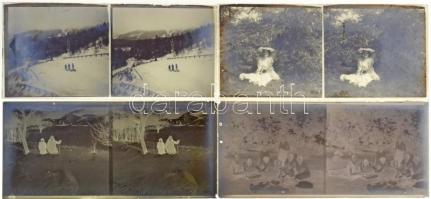 cca 1925 Sztereo negatívok és diapozitív felvételek egy jómódú család hagyatékából, többféle témáról, 15 db üveglemez, 6x13 cm