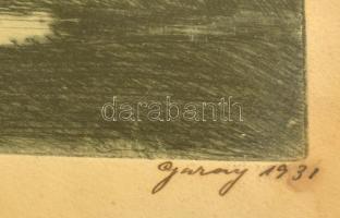 Garay Ákos (1866-1952): Nagybánya 1931, rézkarc, papír, jelzett, üvegezett fa keretben, 24×20 cm