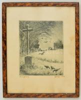 Garay Ákos (1866-1952): Orosz front 1916, rézkarc, papír, jelzett, üvegezett fa keretben, 20×16,5 cm