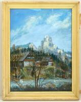 Gyimesi Lajos (?-?): Házak a folyóparton. Olaj, farost, jelzett, üvegezett keretben, 45×60 cm
