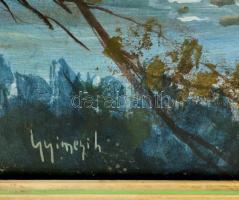 Gyimesi Lajos (?-?): Házak a folyóparton. Olaj, farost, jelzett, üvegezett keretben, 45×60 cm