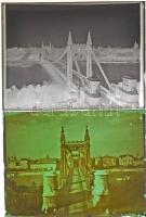 cca 1925 Budapest, 2 felvétel az Erzsébet hídról, színes diapozitív üveglemez (9x12 cm) és fekete-fehér üveglemez negatív (9x12 cm) Kerny István (1879-1963) hagyatékából
