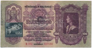 1930. 100P hamis HŰSÉGGEL A HAZÁHOZ felülbélyegzéssel, Horthy Miklós Nemzeti Repülő Alap - Magyar Kir. Posta bélyeggel és ? Hagyományörző Egyesület bélyegzéssel (fake overprint) T:III