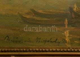 Mészárosné Kisfaludy Mariska (1887-?): Vitorlások. Olaj, falemez, jelzett, hibás antik keretben, 13×...