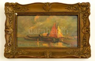 Mészárosné Kisfaludy Mariska (1887-?): Vitorlások. Olaj, falemez, jelzett, hibás antik keretben, 13×...