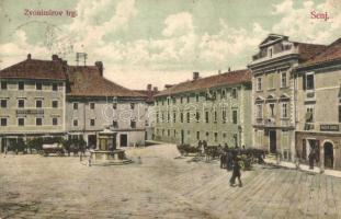 Senj, Zengg; Zvonimirov trg, T. Devcic & Co. / square, Hotel Zagreb, Dragutin Zvdenicos shop (EK)