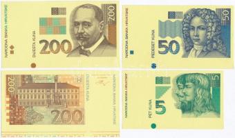 Horvátország 1993 (1994). 5K előlapi színpróba + 50K előlapi színpróba + 200K előlapi és hátlapi színpróba + 500K előlapi és hátlapi színpróba + 1000K előlapi és hátlapi színpróba, összesen 8db T:I Croatia 1993 (1994). 5 Kuna front color trial + 50 Kuna front color trial  + 200 Kuna front and back color trial +  500 Kuna front and back color trial + 1000 Kuna front and back color trial, 8pcs together C:UNC