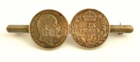 Ezüst(Ag) kitűző, angol 6 pennys érmékkel, jelzés nélkül, h: 6 cm, nettó: 8,8 g