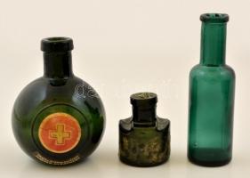 Vegyes üveg tétel, összesen 7 db, közte gyógyszertári üvegek, Zwack Unicum üveg, m: 6 és 14 cm között