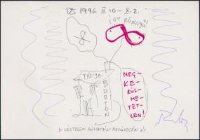 1996 Tandori Dezső (1938-) aláírása, illetve a hátoldalán aláírása és rajza a Tandori Dezső Dokument...