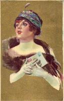 Lady with letter, Italian art postcard, So. Stpl (wet damage)