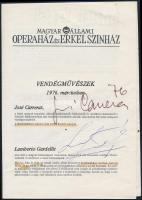 1976 José Carreras (1946-), Ivo Vinco (1927-2014), operaénekesek, Fiorenza Cossotto (1935-) operaénekesnő és Lamberto Gardelli (1915-1998) karmester aláírásai a Magyar Állami Operaház és Erkel Színház prospektusán.