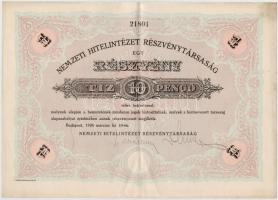 Budapest 1926. Nemzeti Hitelintézet Részvénytársaság részvénye 10P-ről (2x), sorszámkövetők, szárazpecséttel T:II-,III