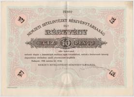Budapest 1926. "Nemzeti Hitelintézet Részvénytársaság" részvénye 10P-ről (2x), sorszámköve...