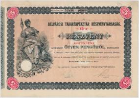 Budapest 1926. "Belvárosi Takarékpénztár Részvénytársaság" öt részvénye egyben 250P-ről (2x), sorszámkövetők szárazpecséttel és szelvényekkel T:III