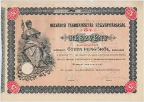 Budapest 1926. "Belvárosi Takarékpénztár Részvénytársaság" öt részvénye egyben 250P-ről (2...