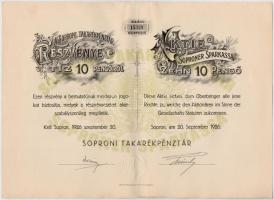 Sopron 1926. "Soproni Takarékpénztár" részvénye 10P-ről, magyar és német nyelvű, szárazpecséttel (2x) sorszámkövető pár T:II