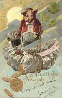 Prosit Neujahr! / New Year greeting card with pig, money and clovers. Kunstanstalt Heinr. & Aug. Brüning golden decorated Emb. litho s: R. Joust (fa)