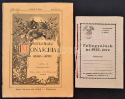 Vegyes nyomtatvány tétel, 3 db:  Az Osztrák-Magyar Monarchia Írásban és Képben. 286. füzet. Bp., é.n., Révai, 225-256 p. Papírkötés, kijáró oldalakkal, címlap nélkül. 1929 Turistaság és Alpinizmus. Szerk.: Dr. Vigyázó Gábor. XIX. évf. 8. szám. Papírkötés, szakadozott gerinccel.  1935 Feljegyzések az 1935. évre. Kitöltetlen.