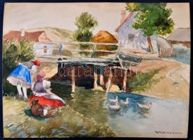 Wallburg Egon/ Zórád Ernő (1911-2004): Asszonyok a pataknál. Akvarell, papír-karton, jelzett, 25×34 cm