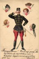 1899 Magyar tiszt a bálban / Hungarian military officer at the ball. Lady-heads and hearts, Kosmos 197. litho s: Geiger R. (EK)
