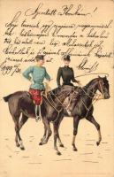 1899 Hungarian military officer and lady riding horses, Kosmos 194. litho s: Geiger R., 1899 Lovagló hölgy és magyar tiszt, Kosmos 194. litho s: Geiger R.