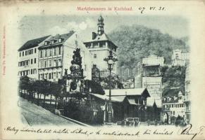 Karlovy Vary, Karlsbad; Marktbrunnen, Glasfabrik, Verlag Th. Wassermann / market square, fountain, glass factory advertisement on the wall of a house (EK)