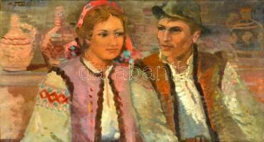 Márton Béla (1913-2007): Ifjú pár népviseletben. Olaj, vászon, jelzett, keretben, 40×74 cm