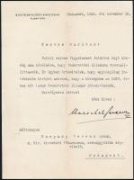 1935 Marschall Ferenc (1887-1970) földművelésügyi államtitkár, későbbi földművelésügyi miniszter gépelt gratulálólevele Hunyady Ferenc (1874-?) részére képviselői kinevezése alkalmából, fejléces papíron, sajátkezű aláírásával